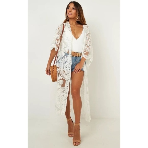 Scalloped Sheer Mesh Lace Boho Kimono Coverup Wrap - Picture 3 of 7